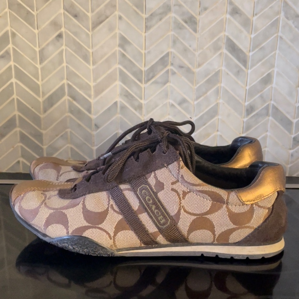 Coach leatherware sneakers leather suede brown tan gold logo - Picture 10 of 16